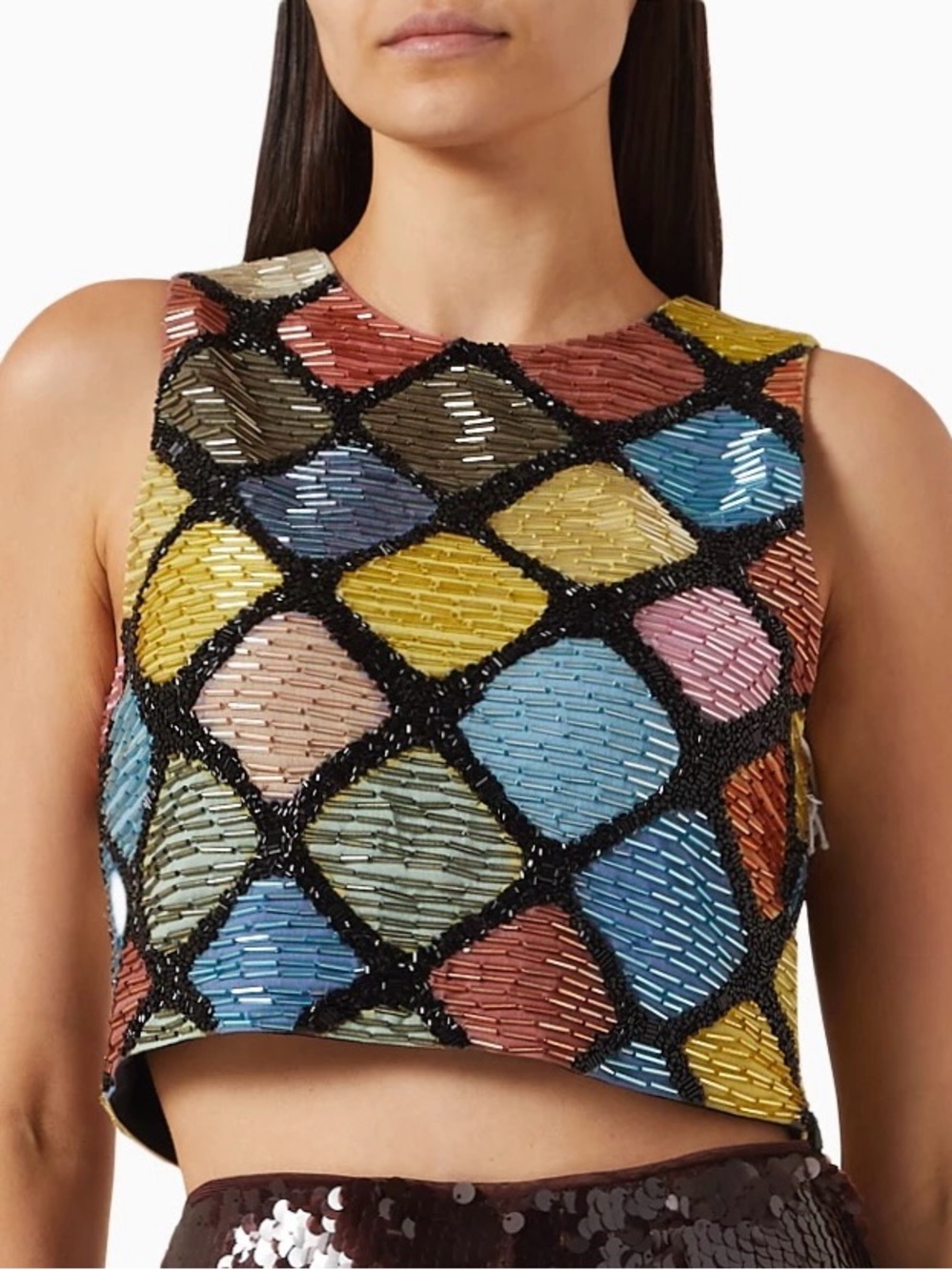 STAUD Multicolor Beaded Cropped Tank Top in Yellow, Blue, Pink, Green, Brown